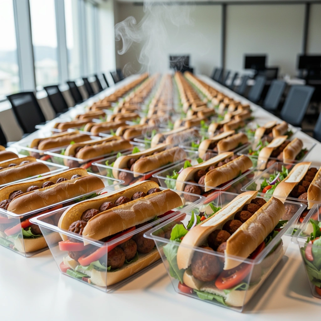 Catering logistics and office lunch presentation